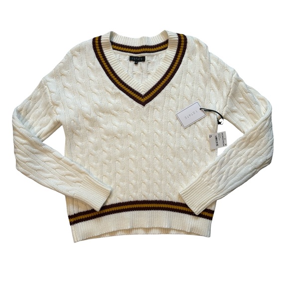 NWT, 1. State White Cable Knit V Neck Preppy Tennis Academia Sweater, Sz XS - Picture 10 of 13